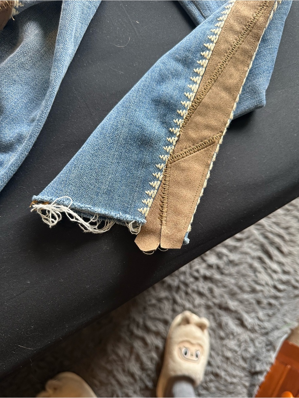 Women’s Blue Denim Jeans with Brown Suede Trim